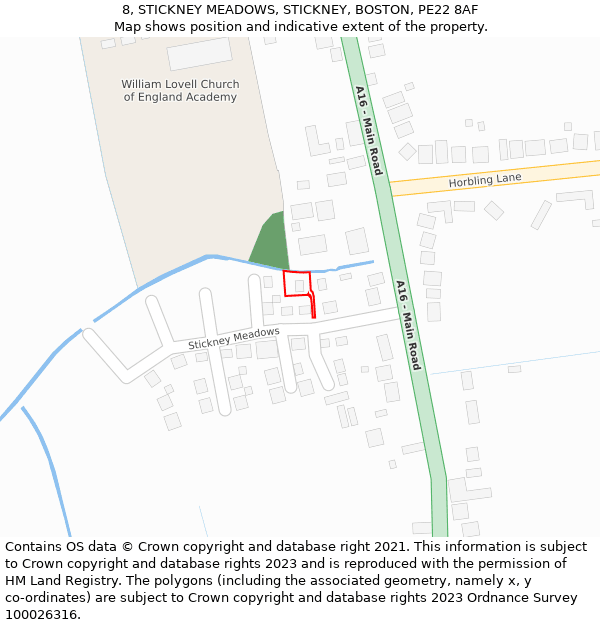 8, STICKNEY MEADOWS, STICKNEY, BOSTON, PE22 8AF: Location map and indicative extent of plot