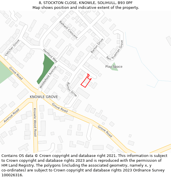 8, STOCKTON CLOSE, KNOWLE, SOLIHULL, B93 0PF: Location map and indicative extent of plot