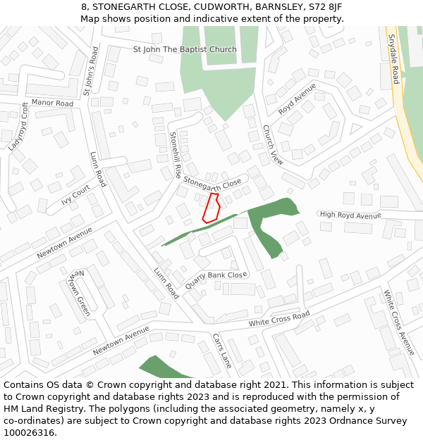 8, STONEGARTH CLOSE, CUDWORTH, BARNSLEY, S72 8JF: Location map and indicative extent of plot