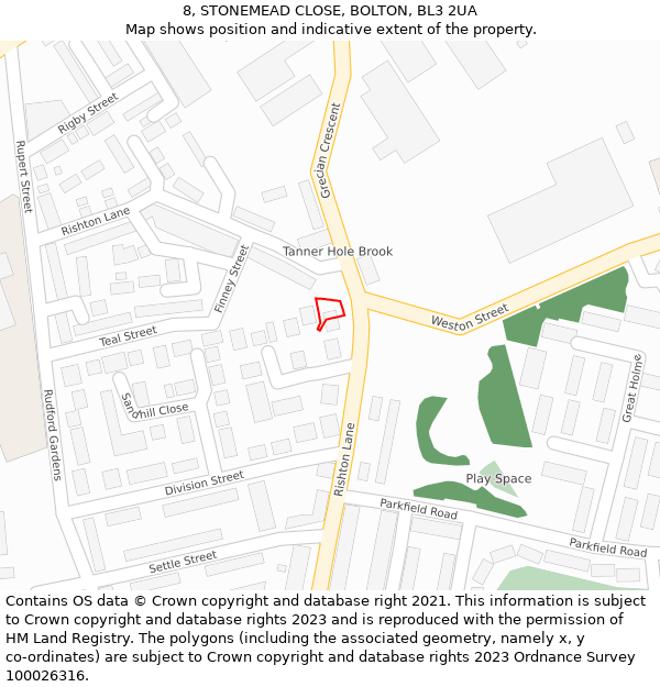 8, STONEMEAD CLOSE, BOLTON, BL3 2UA: Location map and indicative extent of plot