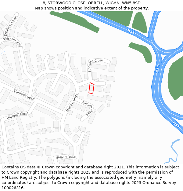 8, STORWOOD CLOSE, ORRELL, WIGAN, WN5 8SD: Location map and indicative extent of plot