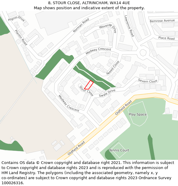 8, STOUR CLOSE, ALTRINCHAM, WA14 4UE: Location map and indicative extent of plot