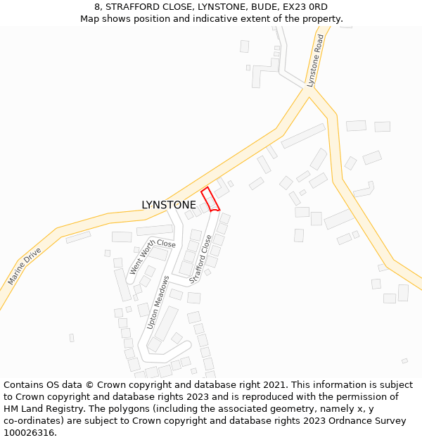 8, STRAFFORD CLOSE, LYNSTONE, BUDE, EX23 0RD: Location map and indicative extent of plot