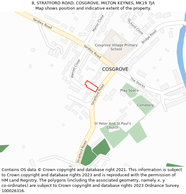 8, STRATFORD ROAD, COSGROVE, MILTON KEYNES, MK19 7JA: Location map and indicative extent of plot