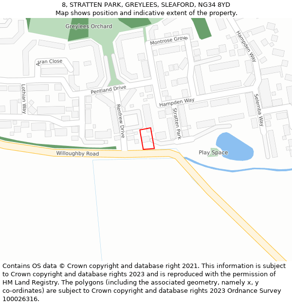 8, STRATTEN PARK, GREYLEES, SLEAFORD, NG34 8YD: Location map and indicative extent of plot