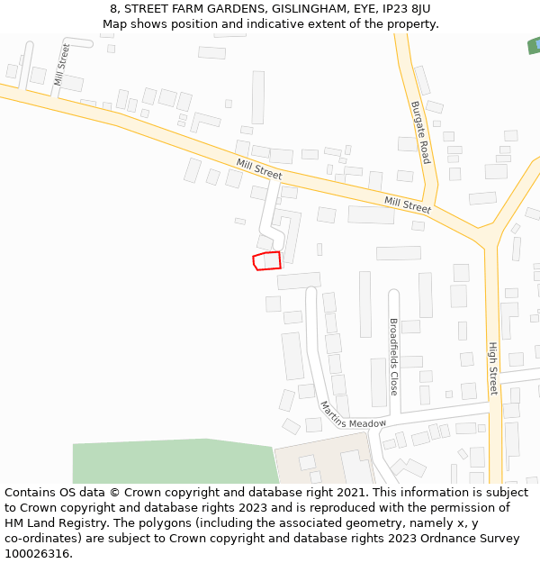 8, STREET FARM GARDENS, GISLINGHAM, EYE, IP23 8JU: Location map and indicative extent of plot