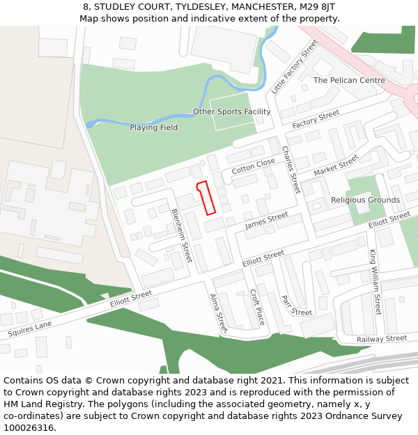 8, STUDLEY COURT, TYLDESLEY, MANCHESTER, M29 8JT: Location map and indicative extent of plot