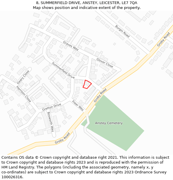8, SUMMERFIELD DRIVE, ANSTEY, LEICESTER, LE7 7QA: Location map and indicative extent of plot