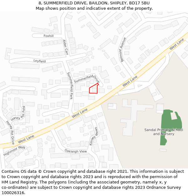 8, SUMMERFIELD DRIVE, BAILDON, SHIPLEY, BD17 5BU: Location map and indicative extent of plot