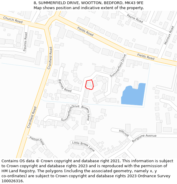 8, SUMMERFIELD DRIVE, WOOTTON, BEDFORD, MK43 9FE: Location map and indicative extent of plot