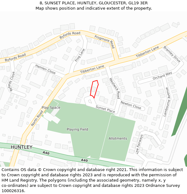 8, SUNSET PLACE, HUNTLEY, GLOUCESTER, GL19 3ER: Location map and indicative extent of plot