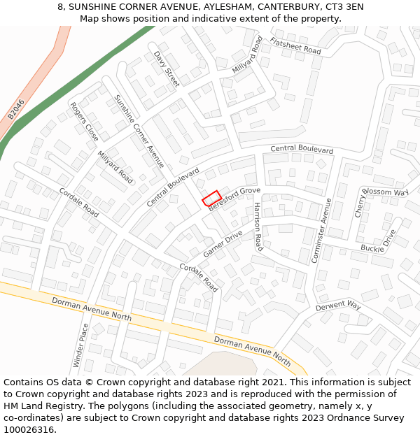 8, SUNSHINE CORNER AVENUE, AYLESHAM, CANTERBURY, CT3 3EN: Location map and indicative extent of plot