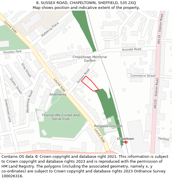 8, SUSSEX ROAD, CHAPELTOWN, SHEFFIELD, S35 2XQ: Location map and indicative extent of plot