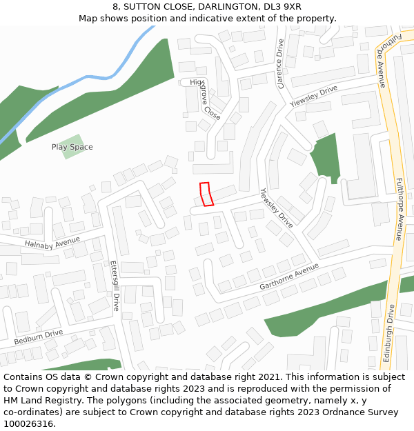 8, SUTTON CLOSE, DARLINGTON, DL3 9XR: Location map and indicative extent of plot