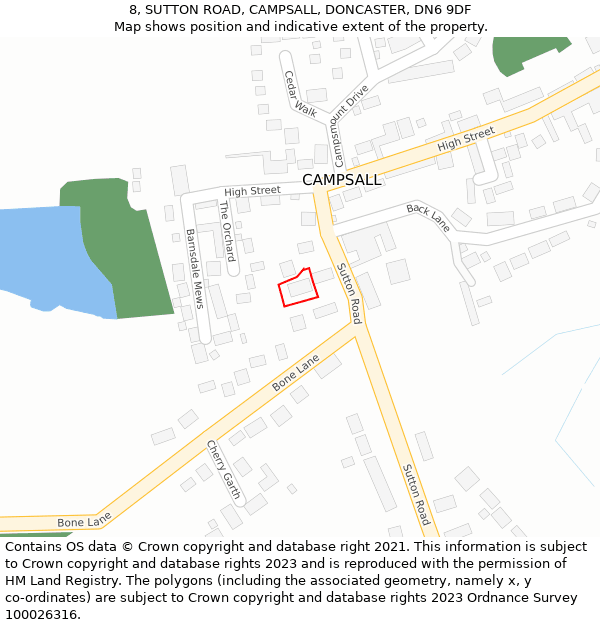 8, SUTTON ROAD, CAMPSALL, DONCASTER, DN6 9DF: Location map and indicative extent of plot