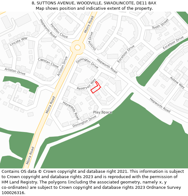 8, SUTTONS AVENUE, WOODVILLE, SWADLINCOTE, DE11 8AX: Location map and indicative extent of plot