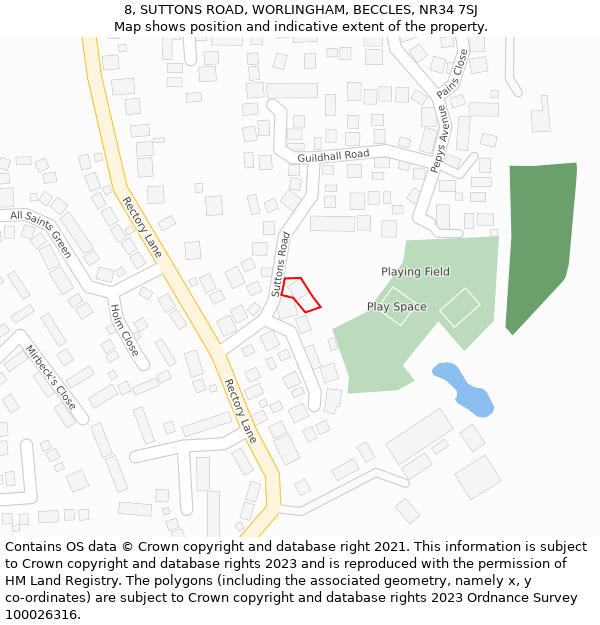 8, SUTTONS ROAD, WORLINGHAM, BECCLES, NR34 7SJ: Location map and indicative extent of plot