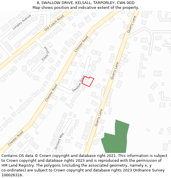 8, SWALLOW DRIVE, KELSALL, TARPORLEY, CW6 0GD: Location map and indicative extent of plot