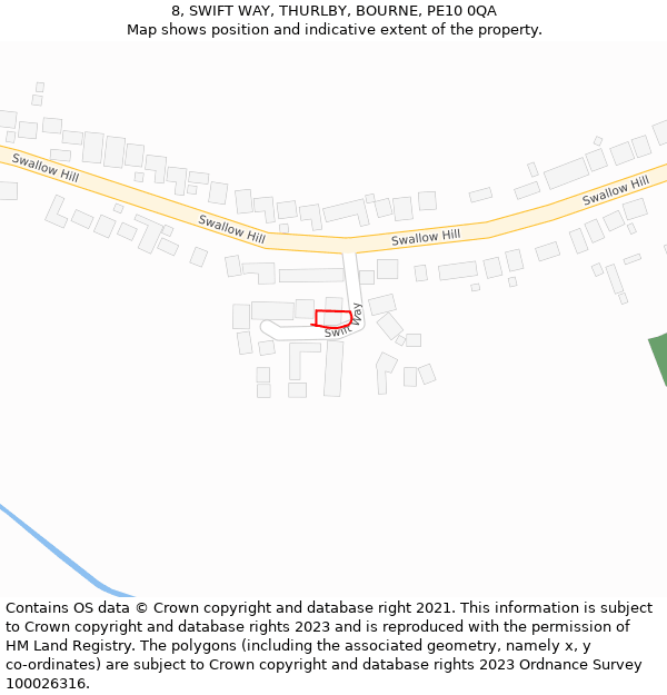 8, SWIFT WAY, THURLBY, BOURNE, PE10 0QA: Location map and indicative extent of plot