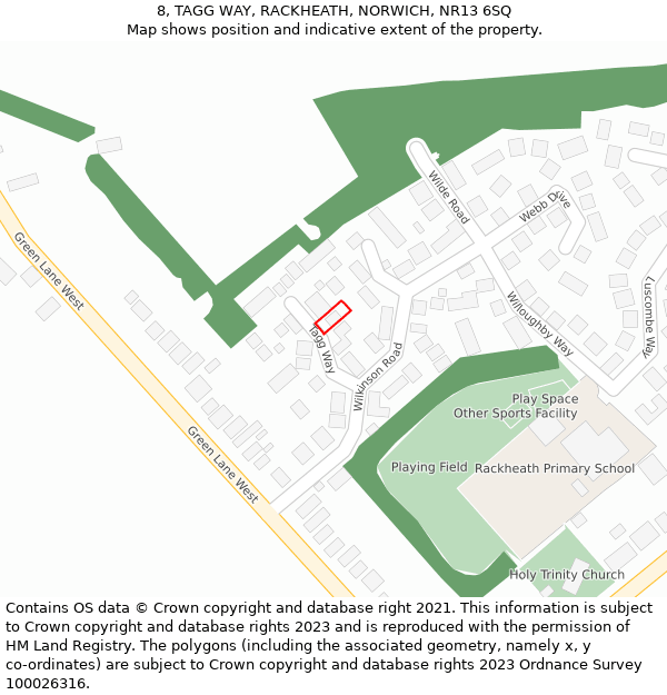 8, TAGG WAY, RACKHEATH, NORWICH, NR13 6SQ: Location map and indicative extent of plot