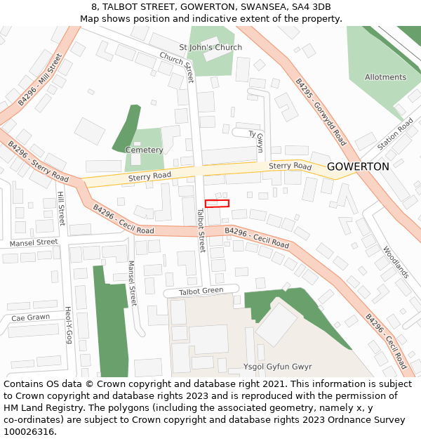 8, TALBOT STREET, GOWERTON, SWANSEA, SA4 3DB: Location map and indicative extent of plot