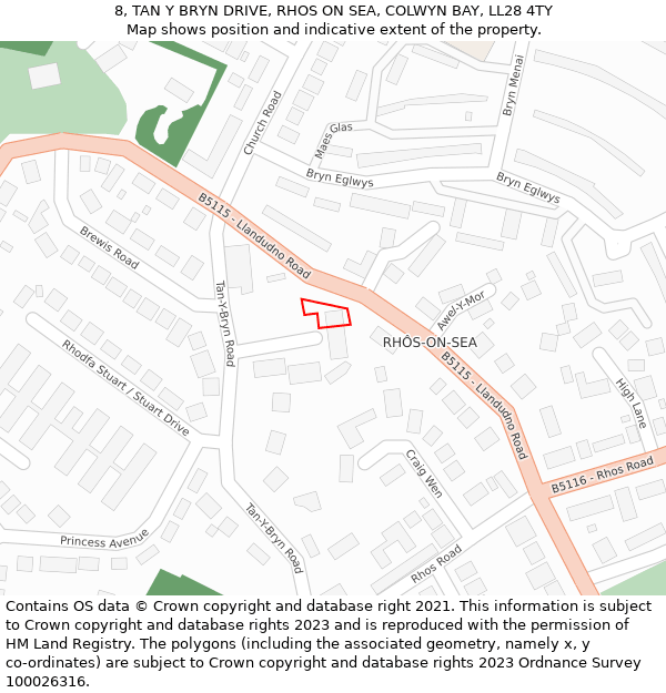 8, TAN Y BRYN DRIVE, RHOS ON SEA, COLWYN BAY, LL28 4TY: Location map and indicative extent of plot