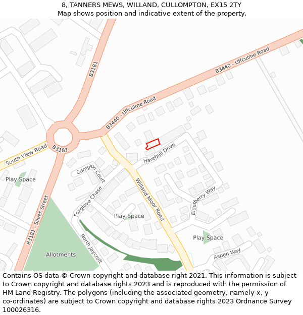 8, TANNERS MEWS, WILLAND, CULLOMPTON, EX15 2TY: Location map and indicative extent of plot