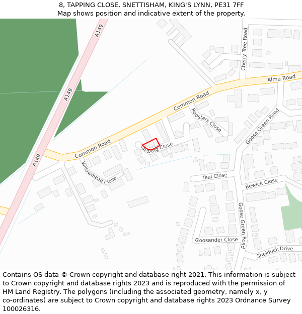 8, TAPPING CLOSE, SNETTISHAM, KING'S LYNN, PE31 7FF: Location map and indicative extent of plot