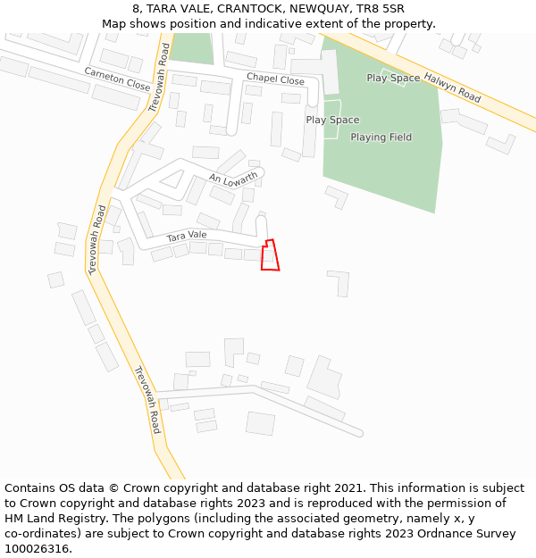 8, TARA VALE, CRANTOCK, NEWQUAY, TR8 5SR: Location map and indicative extent of plot