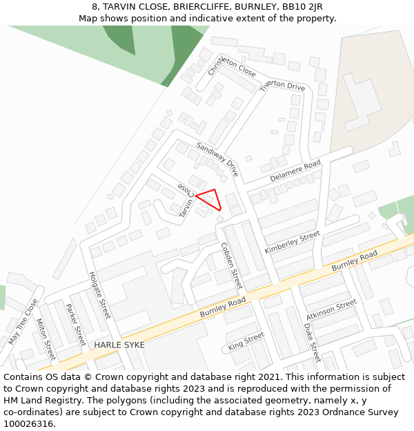 8, TARVIN CLOSE, BRIERCLIFFE, BURNLEY, BB10 2JR: Location map and indicative extent of plot