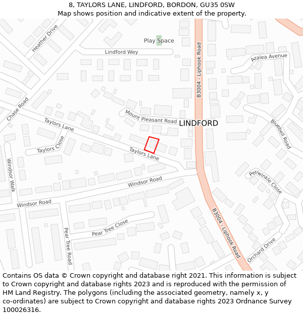 8, TAYLORS LANE, LINDFORD, BORDON, GU35 0SW: Location map and indicative extent of plot