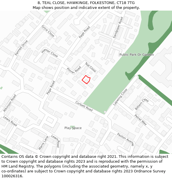 8, TEAL CLOSE, HAWKINGE, FOLKESTONE, CT18 7TG: Location map and indicative extent of plot