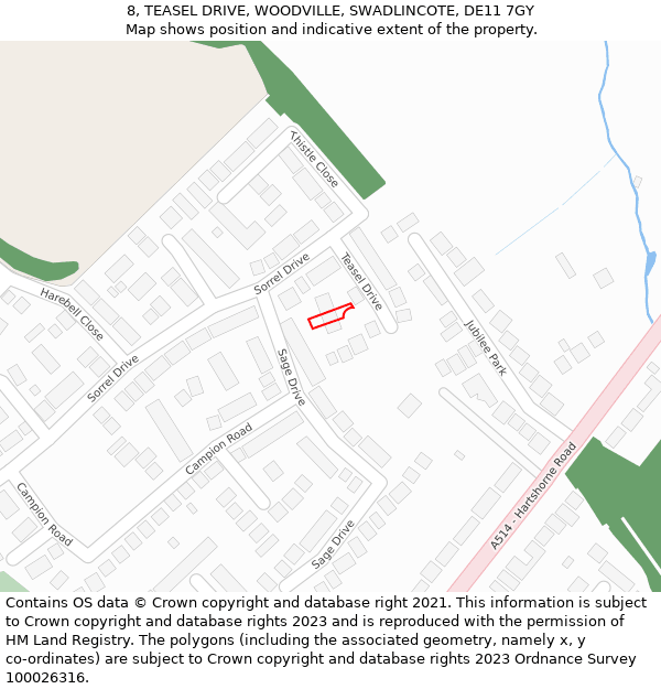 8, TEASEL DRIVE, WOODVILLE, SWADLINCOTE, DE11 7GY: Location map and indicative extent of plot