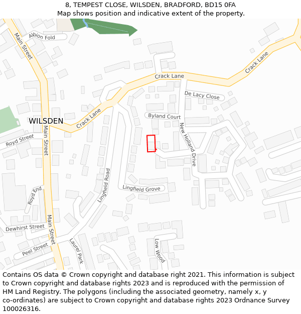 8, TEMPEST CLOSE, WILSDEN, BRADFORD, BD15 0FA: Location map and indicative extent of plot