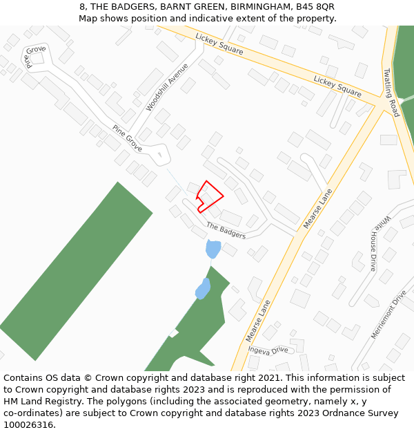 8, THE BADGERS, BARNT GREEN, BIRMINGHAM, B45 8QR: Location map and indicative extent of plot