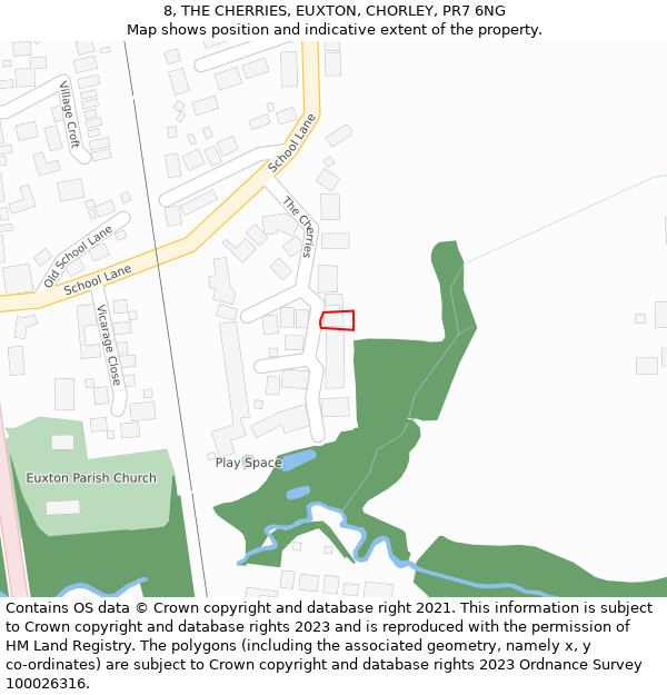 8, THE CHERRIES, EUXTON, CHORLEY, PR7 6NG: Location map and indicative extent of plot
