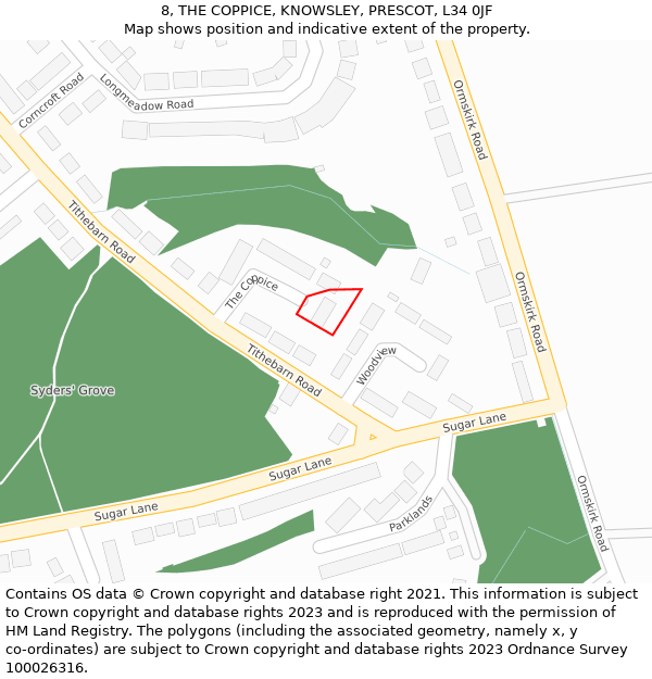 8, THE COPPICE, KNOWSLEY, PRESCOT, L34 0JF: Location map and indicative extent of plot