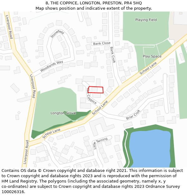 8, THE COPPICE, LONGTON, PRESTON, PR4 5HQ: Location map and indicative extent of plot