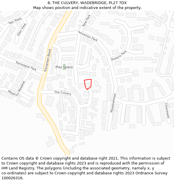 8, THE CULVERY, WADEBRIDGE, PL27 7DX: Location map and indicative extent of plot