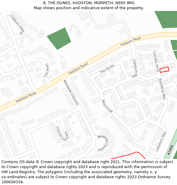 8, THE DUNES, HADSTON, MORPETH, NE65 9RG: Location map and indicative extent of plot
