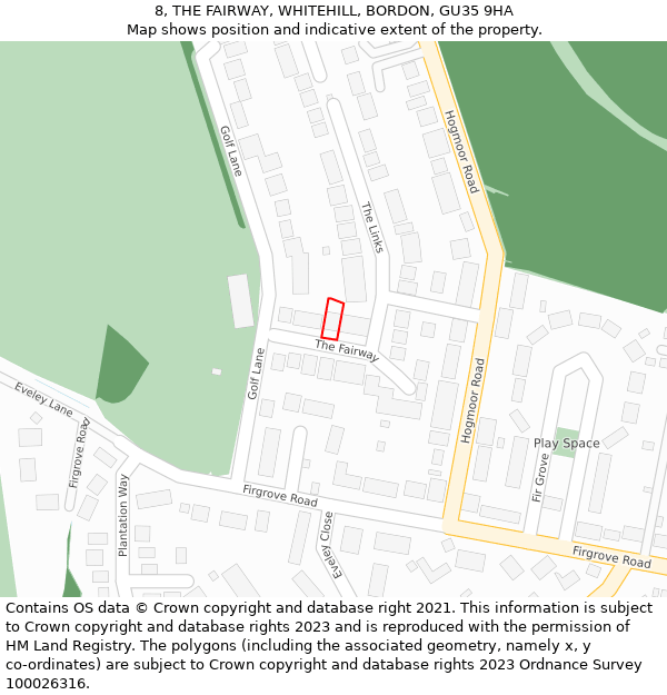 8, THE FAIRWAY, WHITEHILL, BORDON, GU35 9HA: Location map and indicative extent of plot