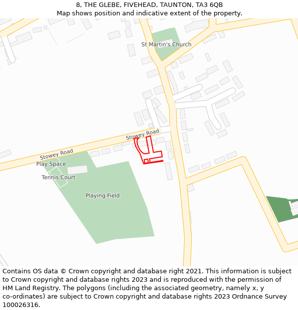 8, THE GLEBE, FIVEHEAD, TAUNTON, TA3 6QB: Location map and indicative extent of plot