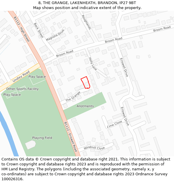 8, THE GRANGE, LAKENHEATH, BRANDON, IP27 9BT: Location map and indicative extent of plot