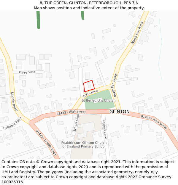 8, THE GREEN, GLINTON, PETERBOROUGH, PE6 7JN: Location map and indicative extent of plot