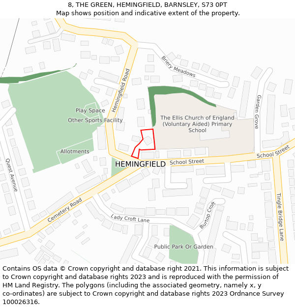 8, THE GREEN, HEMINGFIELD, BARNSLEY, S73 0PT: Location map and indicative extent of plot