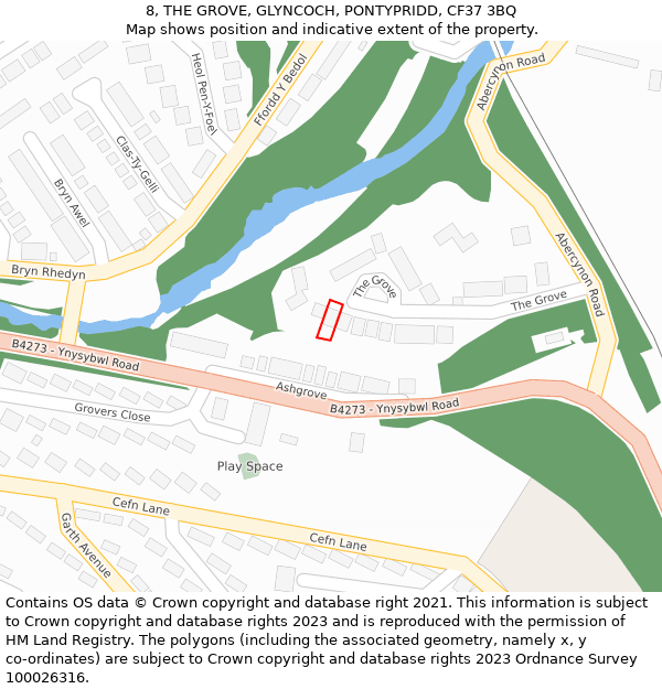 8, THE GROVE, GLYNCOCH, PONTYPRIDD, CF37 3BQ: Location map and indicative extent of plot