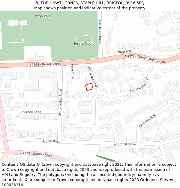 8, THE HAWTHORNES, STAPLE HILL, BRISTOL, BS16 5PQ: Location map and indicative extent of plot