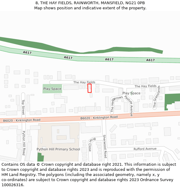 8, THE HAY FIELDS, RAINWORTH, MANSFIELD, NG21 0PB: Location map and indicative extent of plot