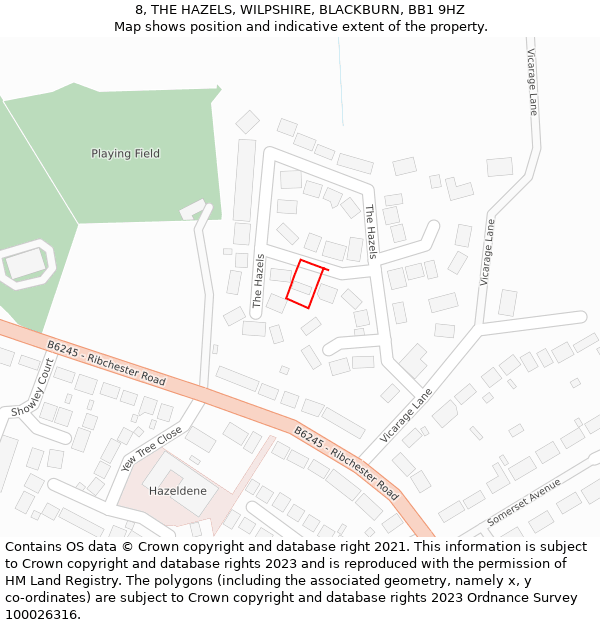 8, THE HAZELS, WILPSHIRE, BLACKBURN, BB1 9HZ: Location map and indicative extent of plot