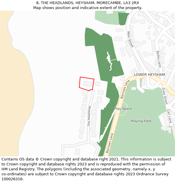 8, THE HEADLANDS, HEYSHAM, MORECAMBE, LA3 2RX: Location map and indicative extent of plot